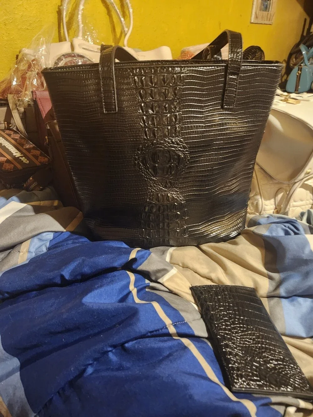 Black Croc-Embossed Tote Bag